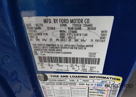 2010 Ford F-150 Fx4/Harley-Davidson/King Ranch/Lariat/Platinum/Xl/Xlt из США, поврежденный, VIN 1FTFW1EV3AFC42959